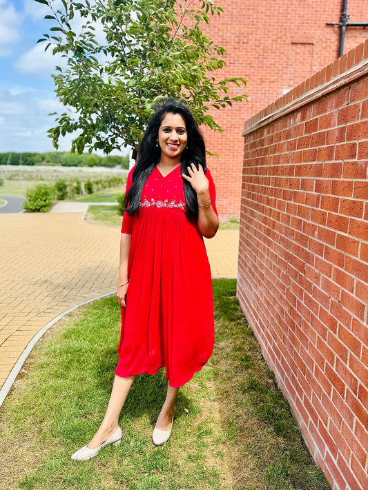 QS647-Red Georget Pleated Kurta