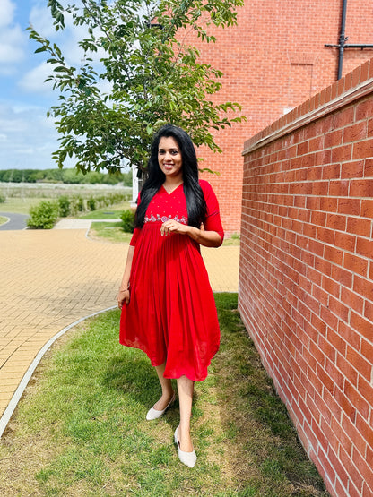 QS647-Red Georget Pleated Kurta