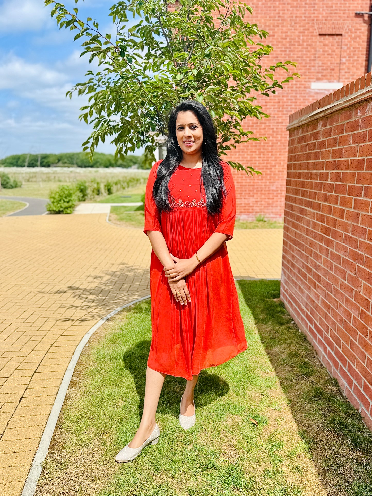 QS648-Orange Georget Pleated Kurta