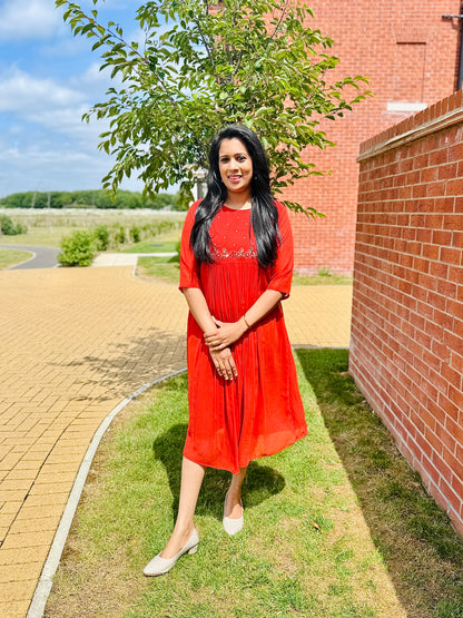 QS648-Orange Georget Pleated Kurta