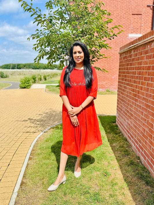 QS648-Orange Georget Pleated Kurta