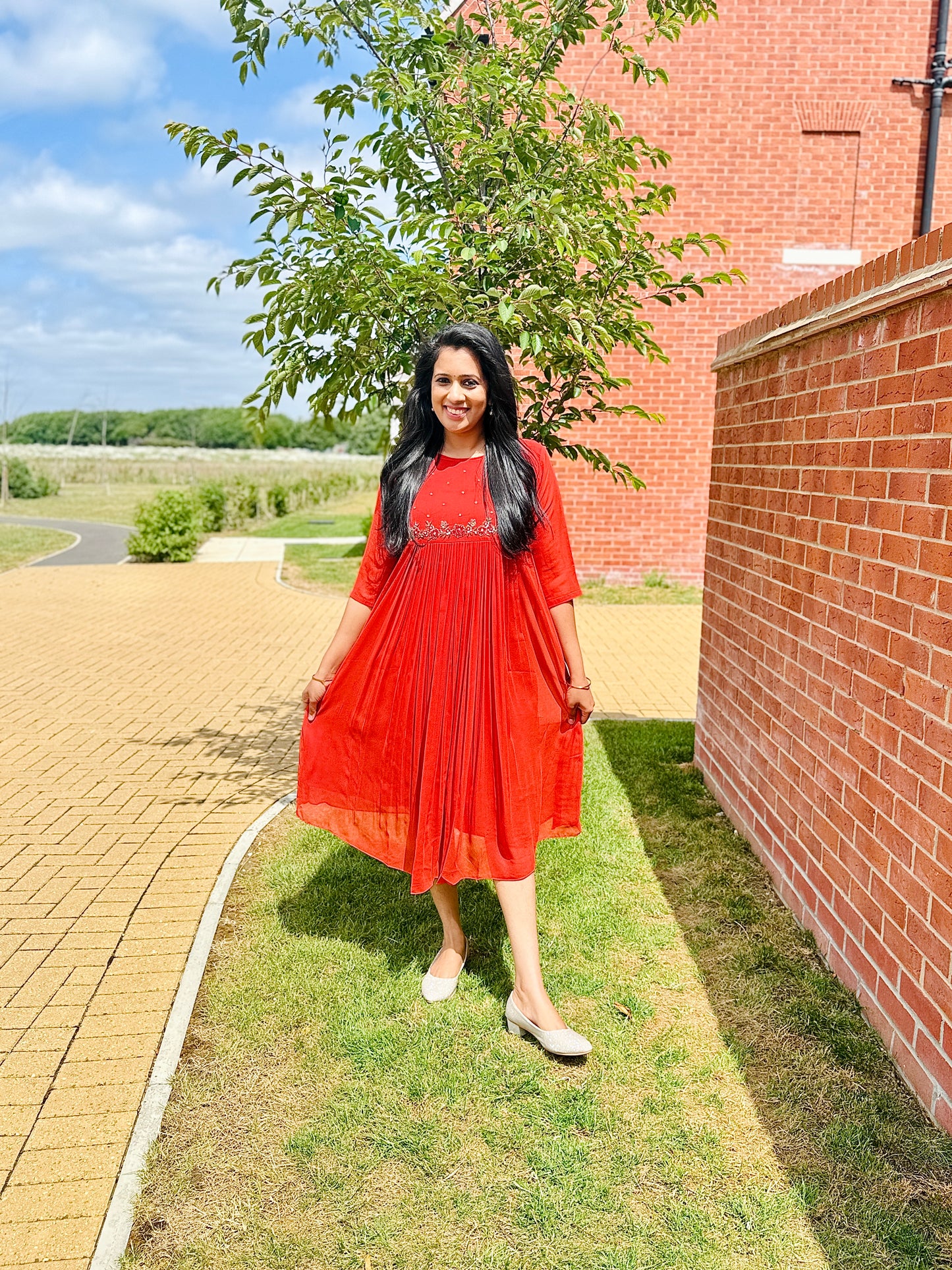 QS648-Orange Georget Pleated Kurta