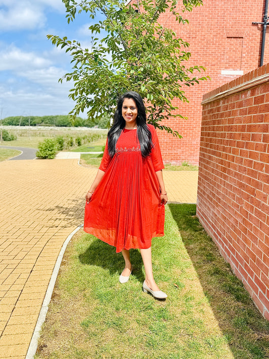QS648-Orange Georget Pleated Kurta