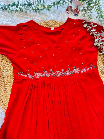QS647-Red Georget Pleated Kurta