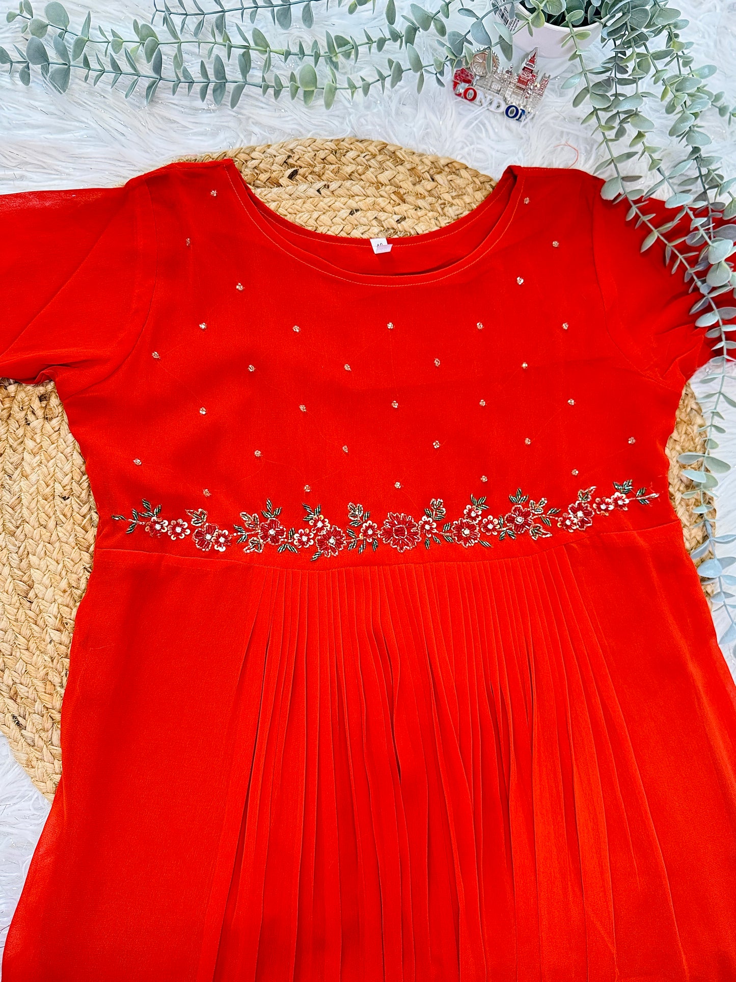 QS648-Orange Georget Pleated Kurta