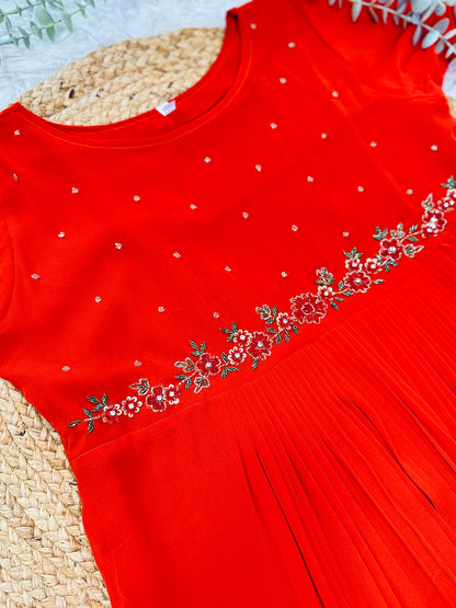 QS648-Orange Georget Pleated Kurta