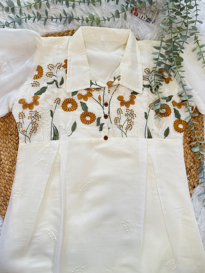 QS314-Off White Mul Chanderi Frock Kurta