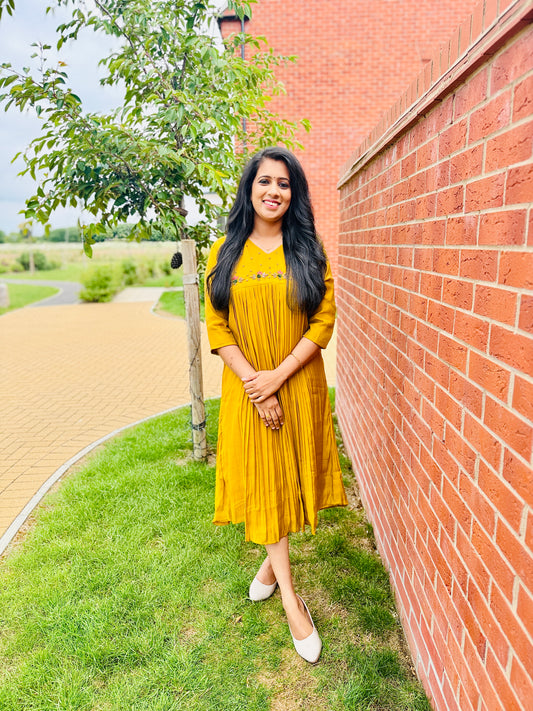 QS653-Mustard Yellow Mul Chanderi Kurta