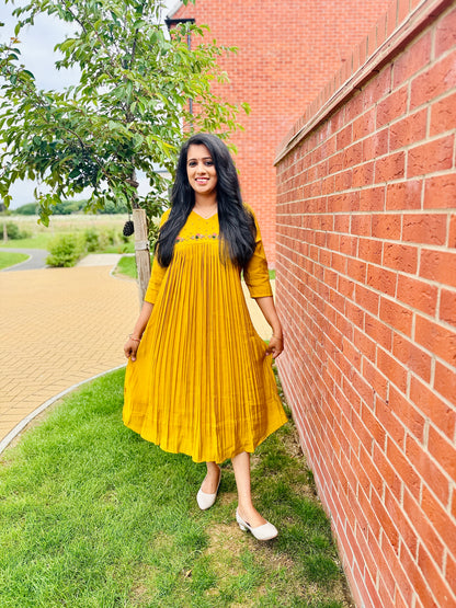 QS653-Mustard Yellow Mul Chanderi Kurta