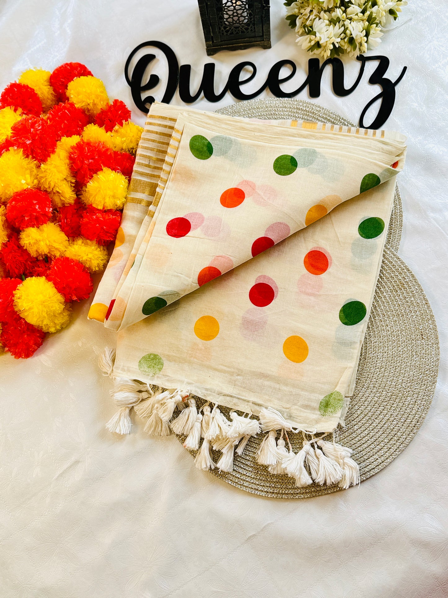 QMC002 -Multicolour Polka Mul Cotton Saree
