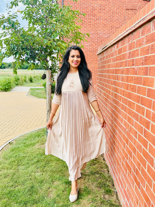 QS704 - Beige Mul Chanderi Coord Set