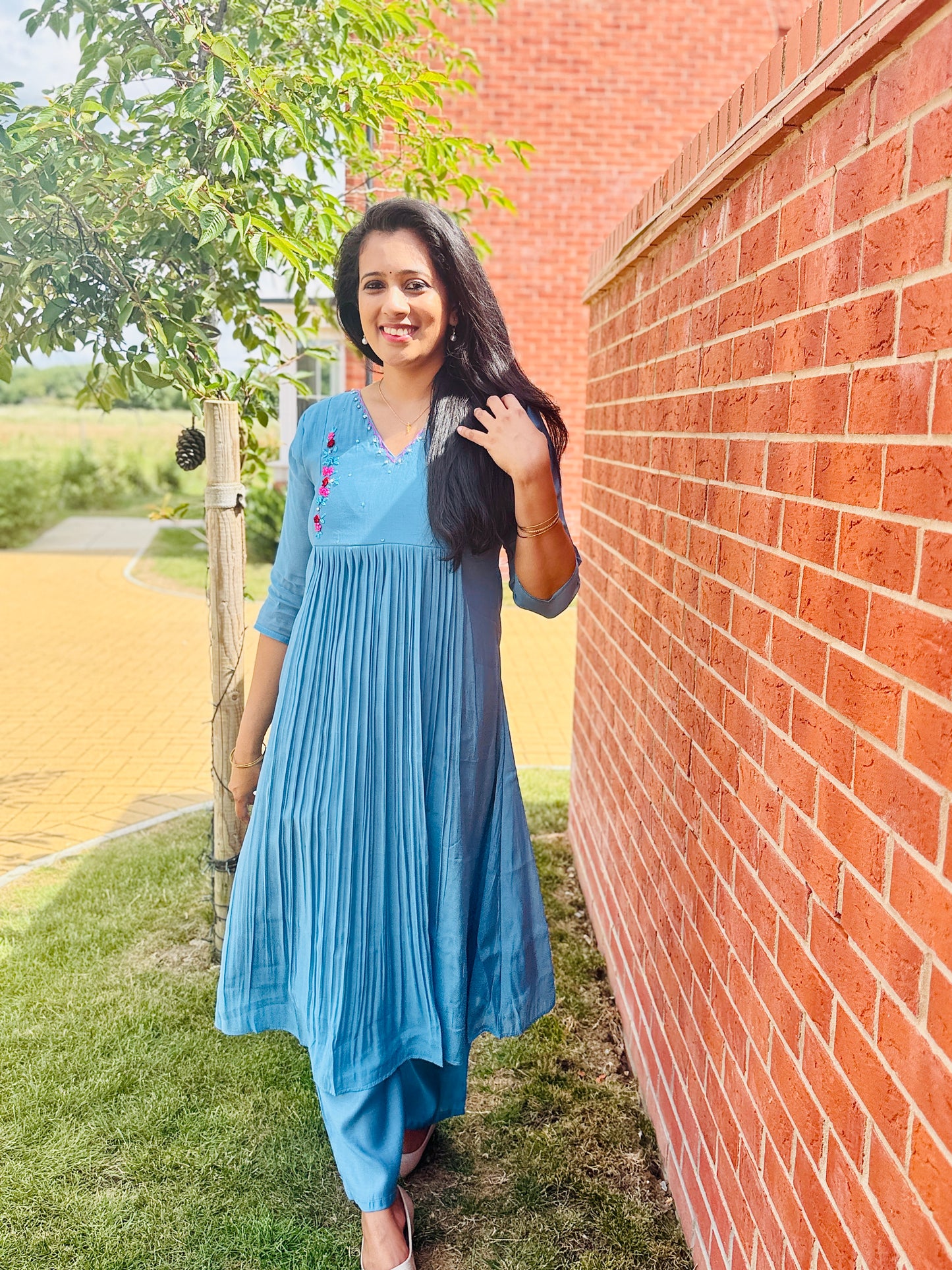 QS751- Blue Mul Chanderi Coord Set