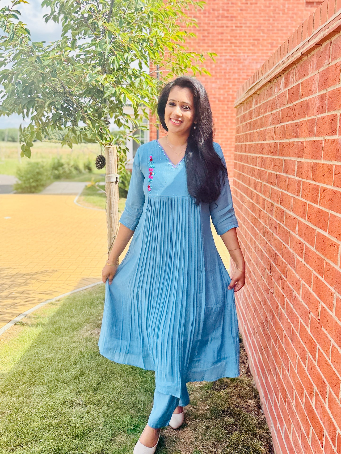 QS751- Blue Mul Chanderi Coord Set