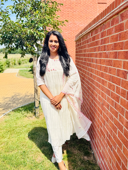 QS719 - Premium White Mulchanderi Anarkali  Set