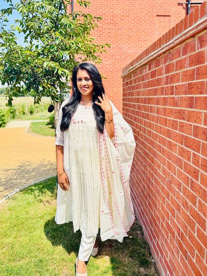 QS719 - Premium White Mulchanderi Anarkali  Set