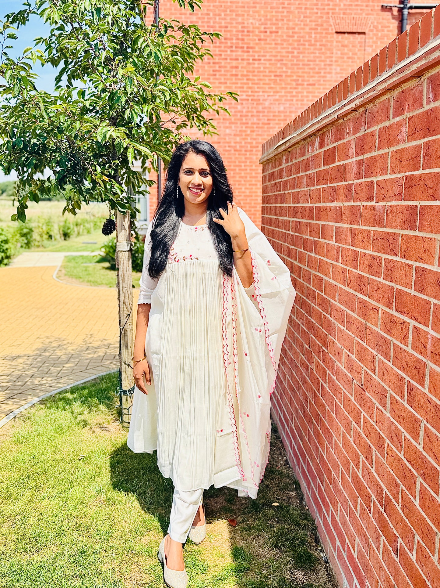 QS719 - Premium White Mulchanderi Anarkali  Set