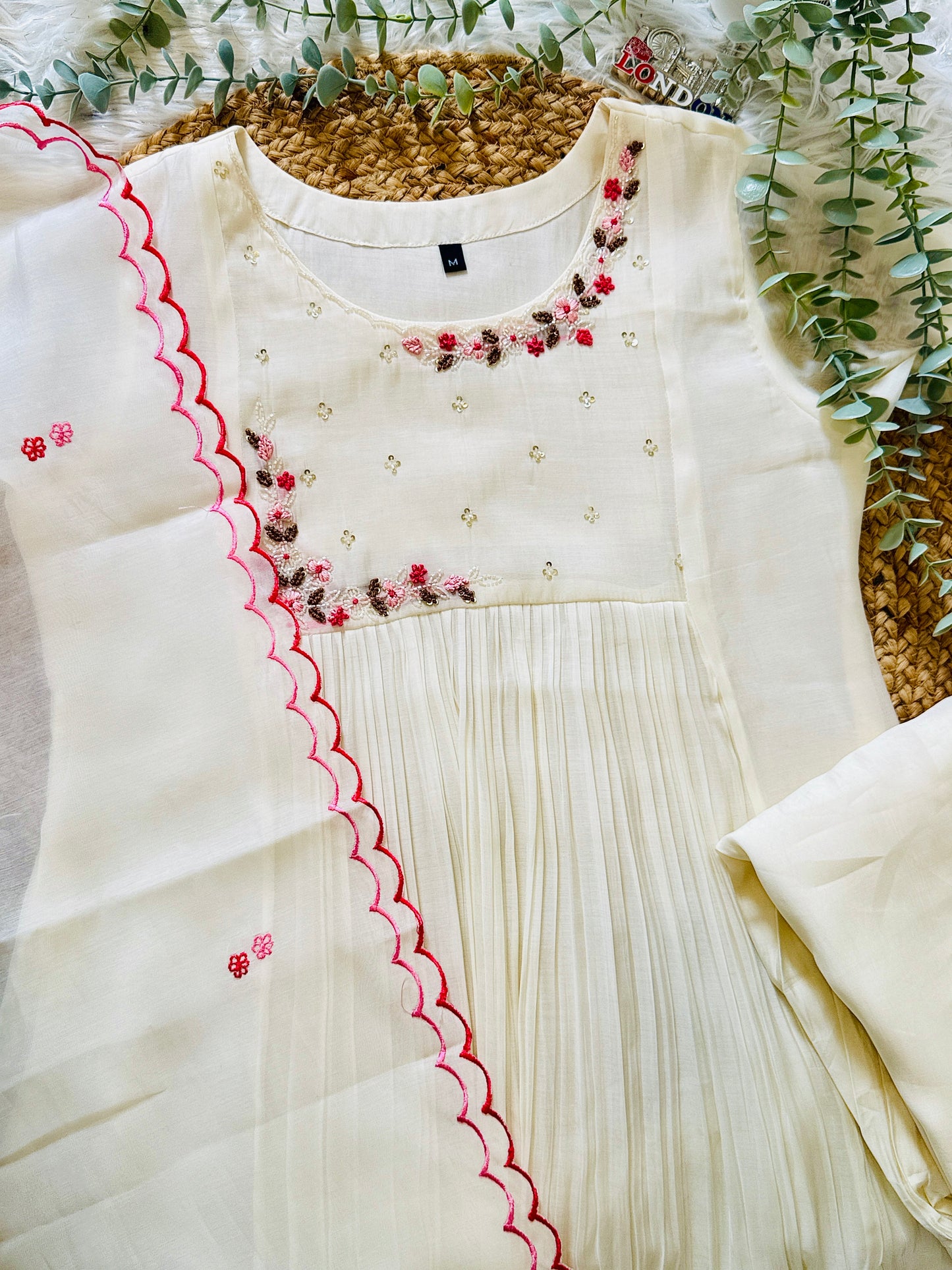 QS719 - Premium White Mulchanderi Anarkali  Set