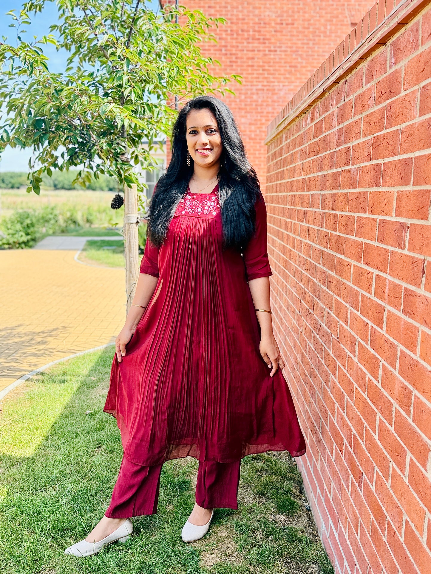 QS711- Maroon Mul Chanderi Coord Set