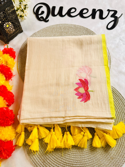 QMC008-Lotus Embroidery Mul Cotton Saree
