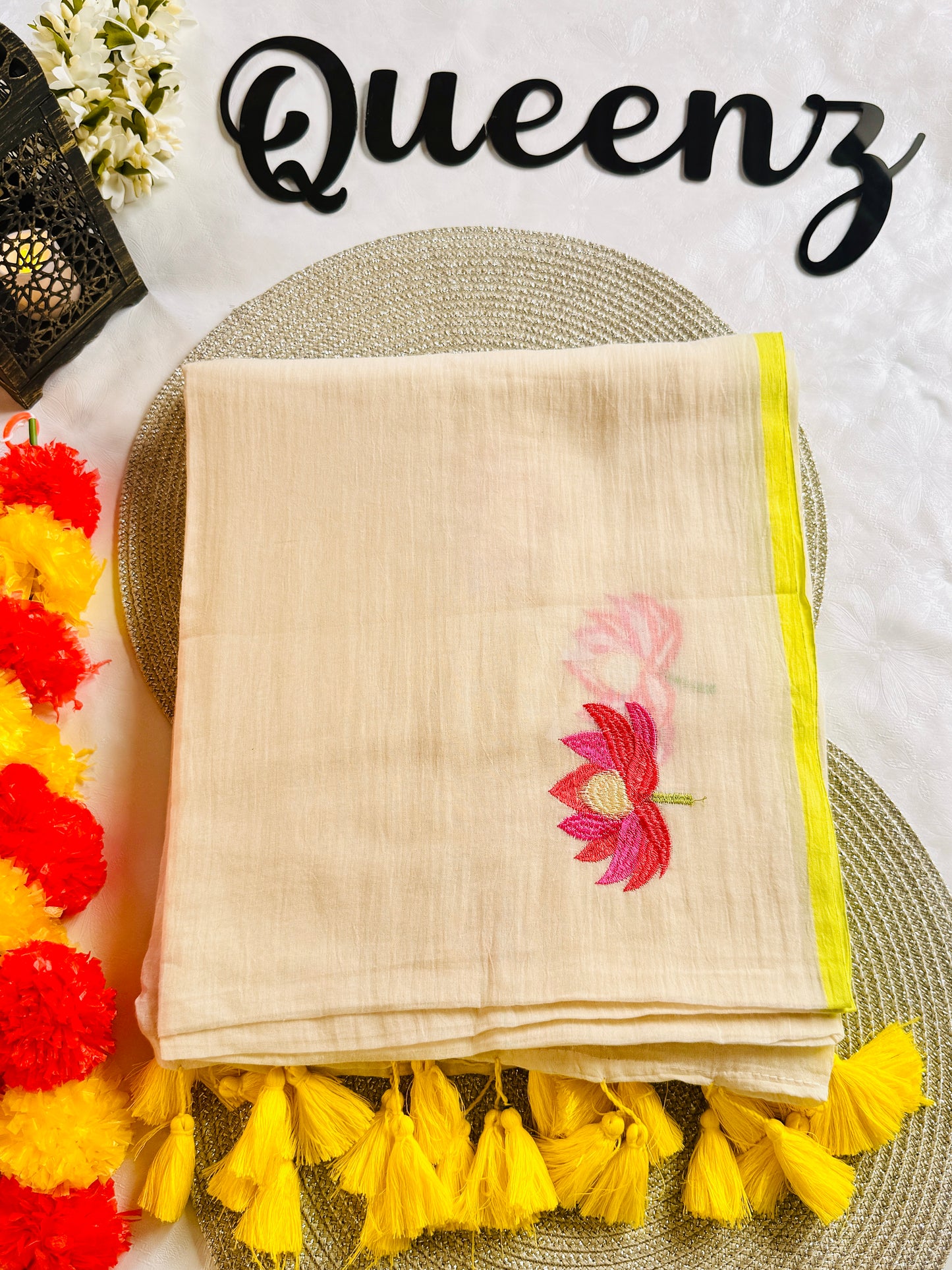 QMC008-Lotus Embroidery Mul Cotton Saree