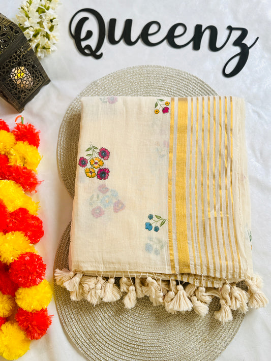 QMC007-Multi Color Floral Mul Cotton Saree