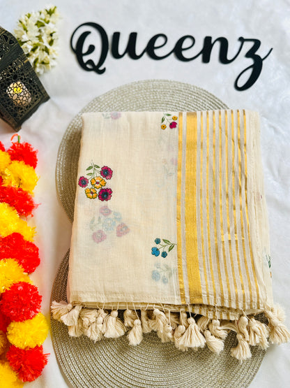 QMC007-Multi Color Floral Mul Cotton Saree