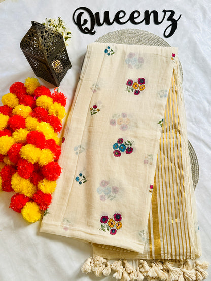 QMC007-Multi Color Floral Mul Cotton Saree