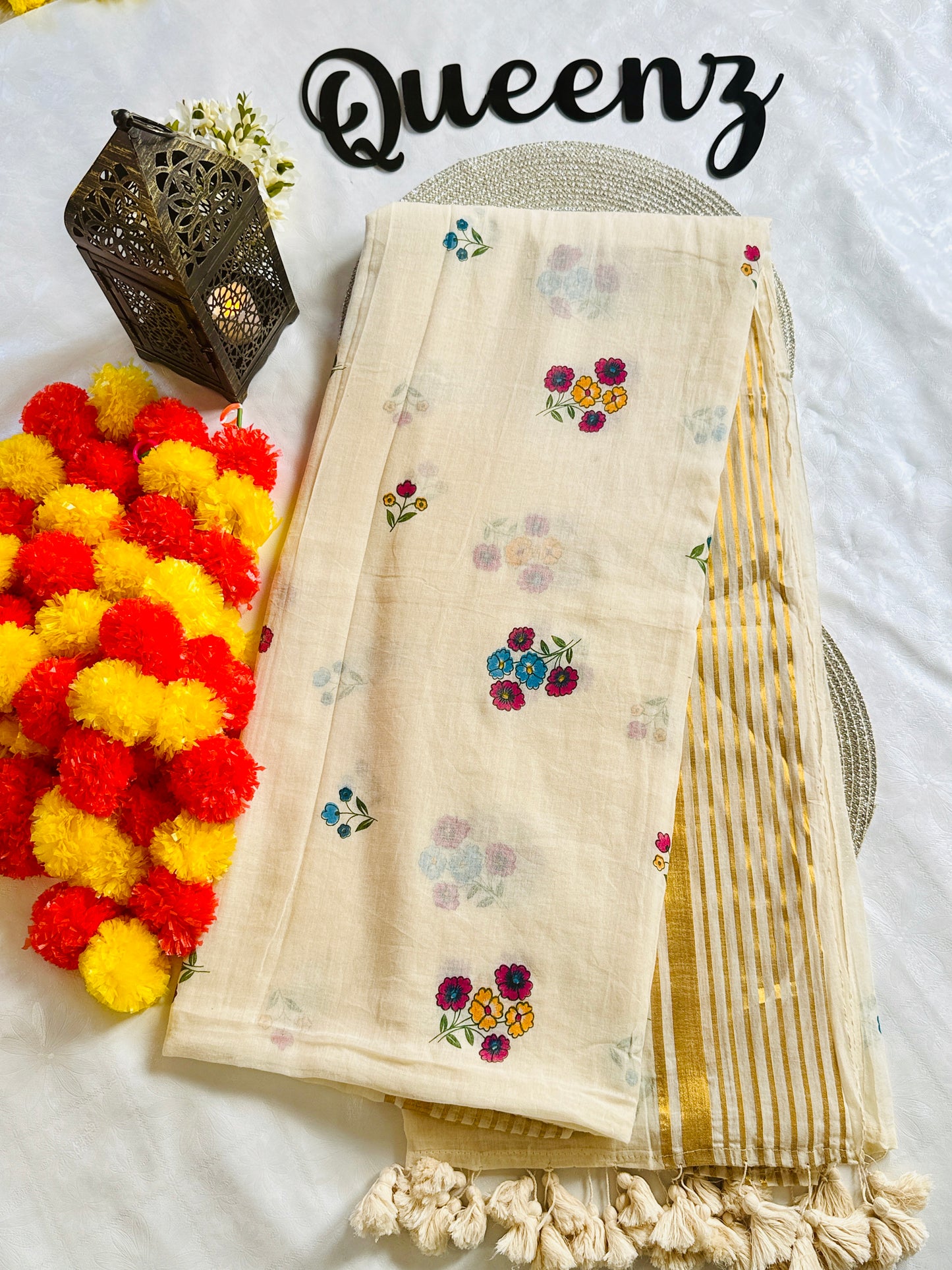 QMC007-Multi Color Floral Mul Cotton Saree