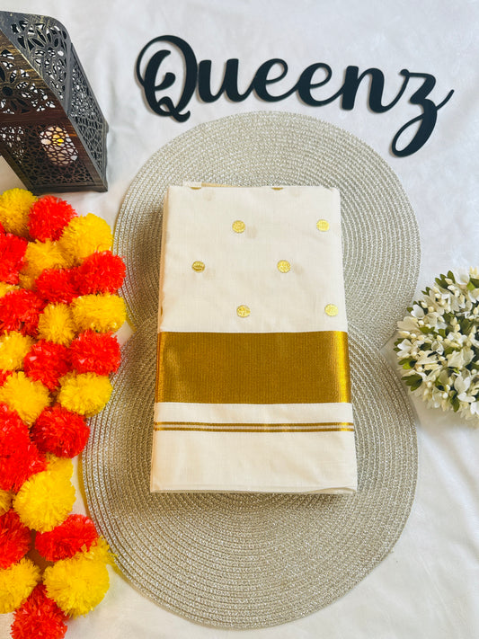 SS201-Polka Embroidery Kerala Saree