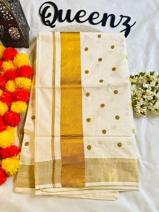 SS201-Polka Embroidery Kerala Saree