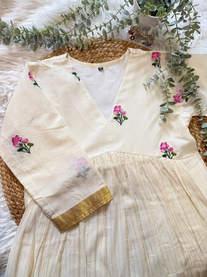 QS733- Lotus Embroidery Cotton Lurex Kurta