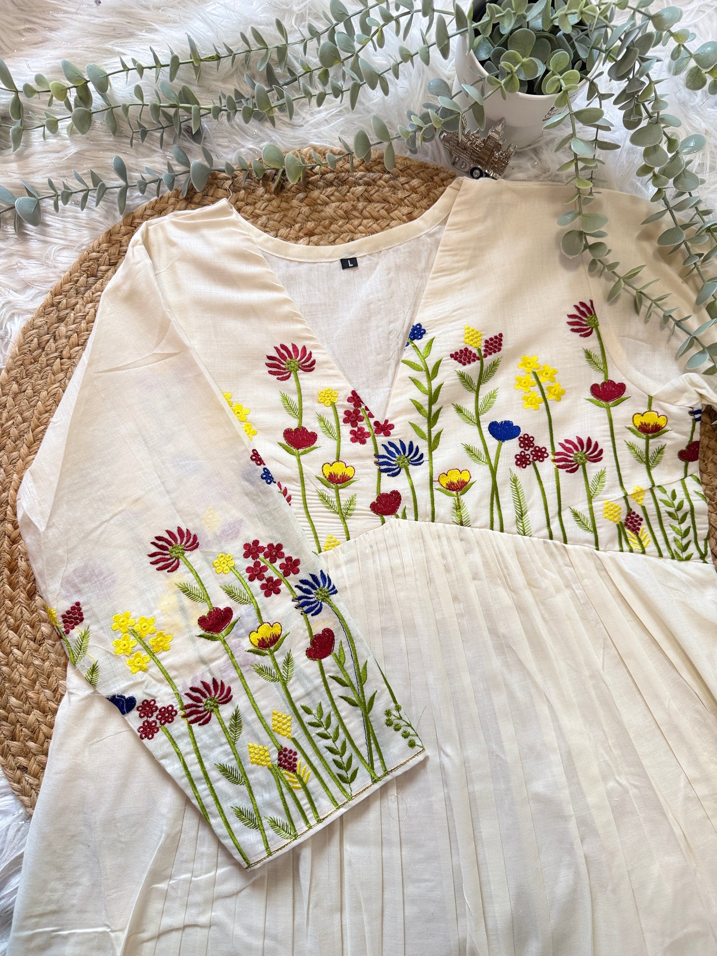QS734- Multicolor Floral Embroidery Cotton Kurta