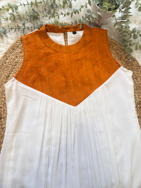 QS737-  Halter Neck Pleated Georget  Kurta -Orange
