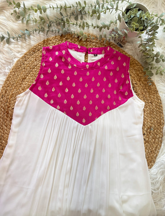 QS736-  Halter Neck Pleated Georget  Kurta -Pink