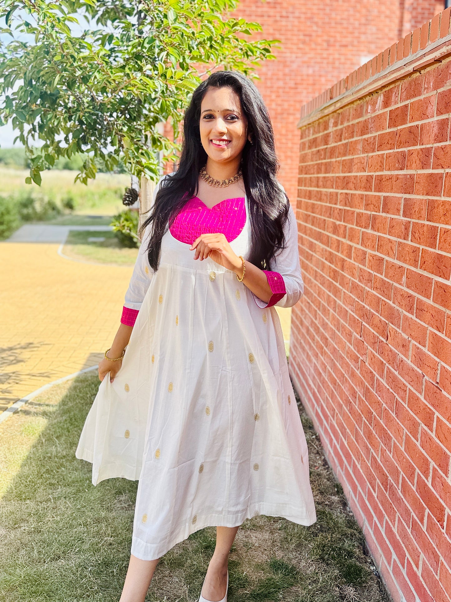 QS735-  Golden Weaved Panel Cut  Cotton Kurta