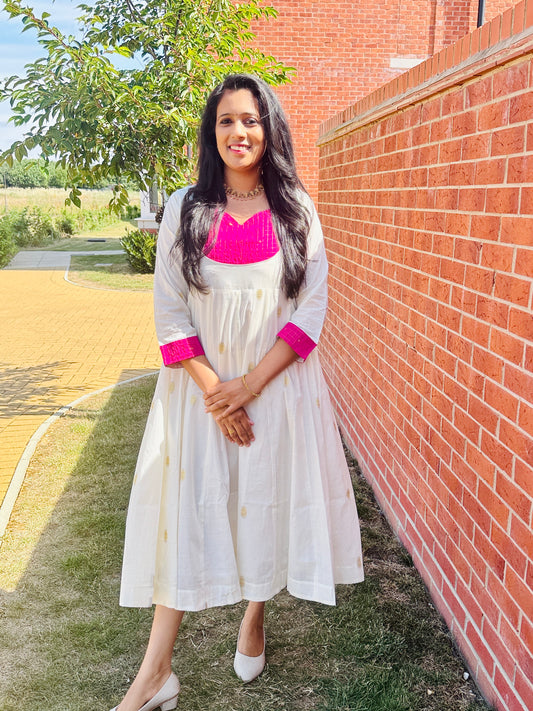 QS735-  Golden Weaved Panel Cut  Cotton Kurta