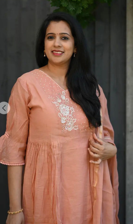 QS077 Mul Chanderi Anarkali Salwar Suit Set