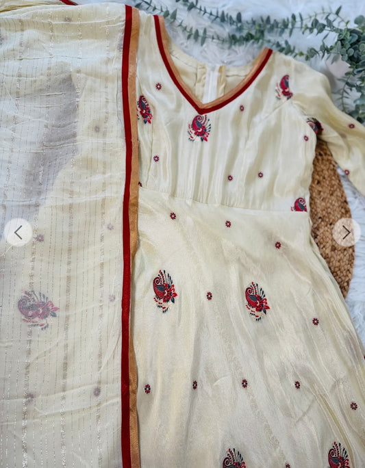 QS214-Golden Tissue Anarkali Top with Dupatta