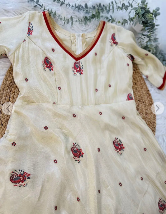 QS214-Golden Tissue Anarkali Top with Dupatta