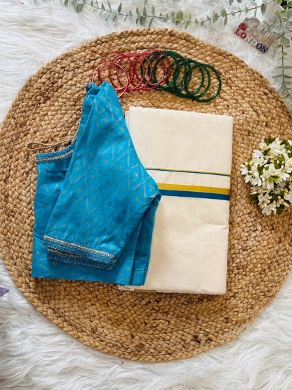 SS055- Puliyilakkara Kerala Saree-Blue