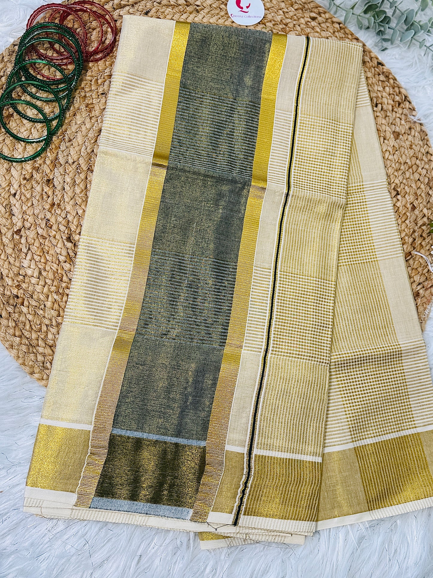 SS049-Balaramapuram Temple Kerala Kasavu Saree-Black