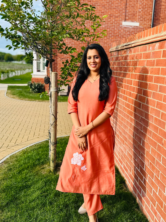 QS310-Peach Mul Chander Co-ord Set