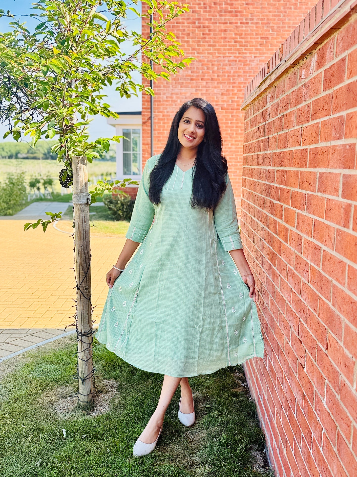 QS555A-Pastel Green Kota Frock Kurta