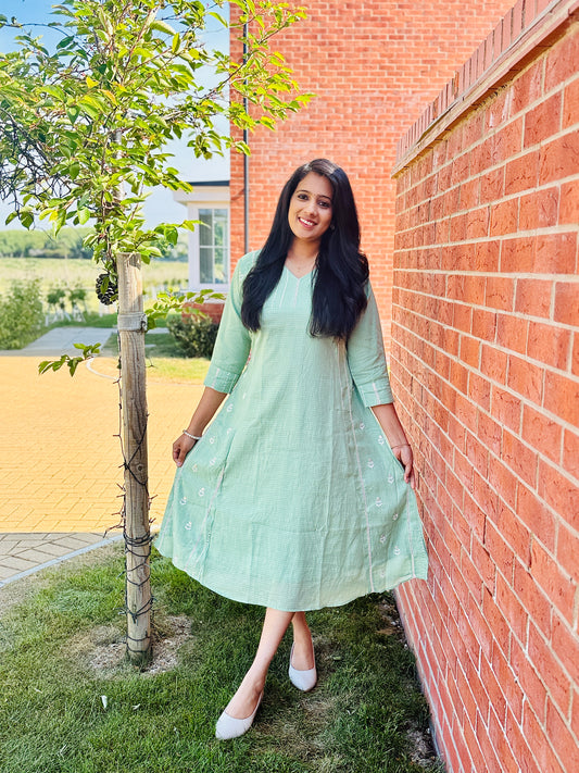QS555A-Pastel Green Kota Frock Kurta