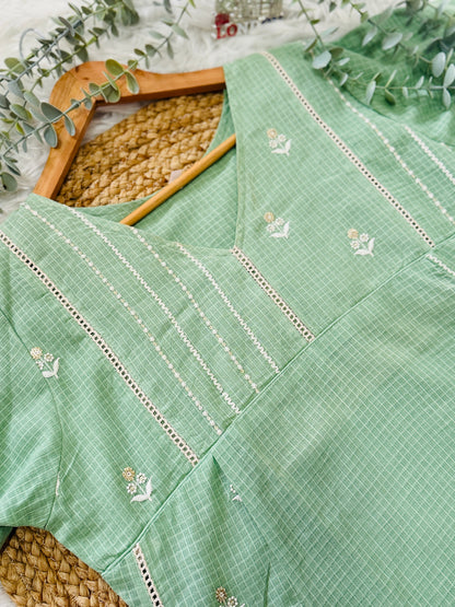QS555A-Pastel Green Kota Frock Kurta