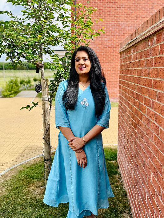 QS315-Sky Blue Mul Chanderi Coord Set.