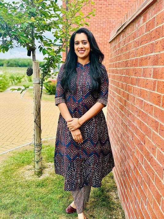 QS436-Navy Blue & Brown Coord Set