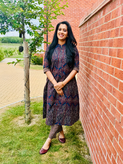 QS436-Navy Blue & Brown Coord Set