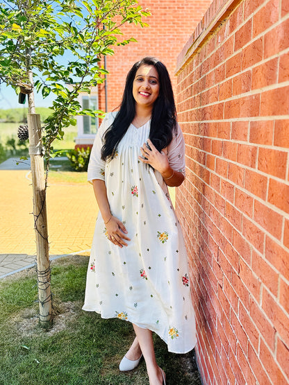 QS501-Cream Mul Chanderi Kurta