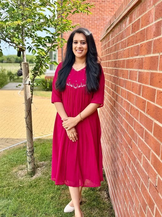 QS422-Magenta Georget pleated Kurta